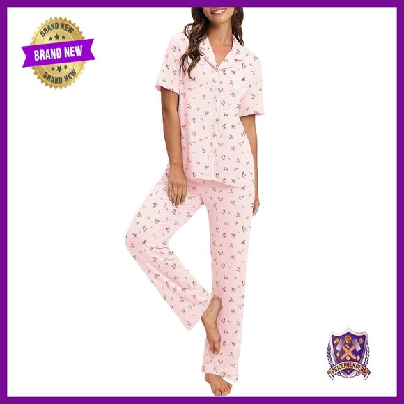 100% Cotton Pajama Set with Pockets Short Sleeve Lounge Wear
